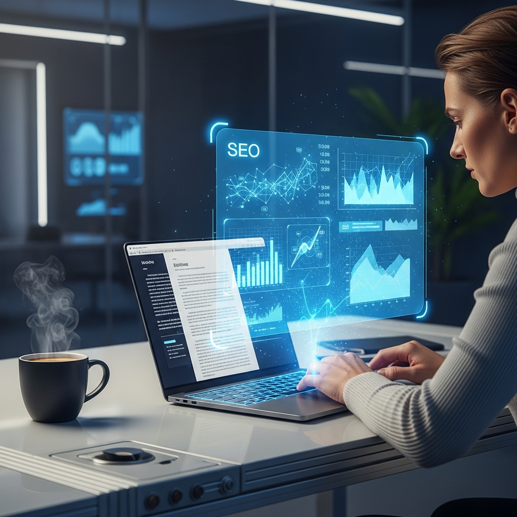 A professional article writer working in a modern, high-tech office in 2026. The scene shows a clean desk with a sleek laptop, a holographic display showing data analytics and SEO charts, and a cup of coffee. The atmosphere is focused, creative, and futuristic. 4k resolution, cinematic lighting.