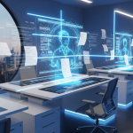 A futuristic, clean office setting where a digital AI agent (represented as a glowing, transparent holographic interface) is autonomously processing a stack of digital invoices. The scene should convey efficiency, trust, and advanced technology, with soft blue and white lighting. Professional and high-tech aesthetic.