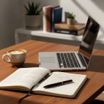 A professional and minimalist workspace of a freelance writer, featuring a sleek laptop, a notebook with handwriting, and a cup of coffee. The lighting is warm and inviting, symbolizing productivity and professional success. High resolution, 8k.