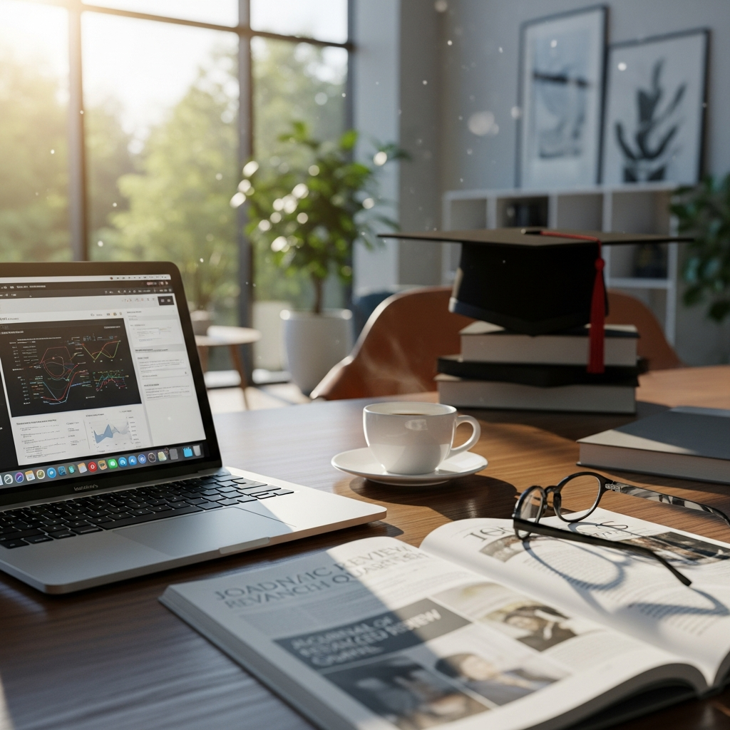 A professional and scholarly workspace in the US, featuring a high-end laptop, an open research journal, a graduation cap in the soft-focus background, and a cup of coffee. The setting is a modern library or a clean home office. The lighting is bright and inspiring, symbolizing academic success and professional research services. 4k resolution, cinematic style.